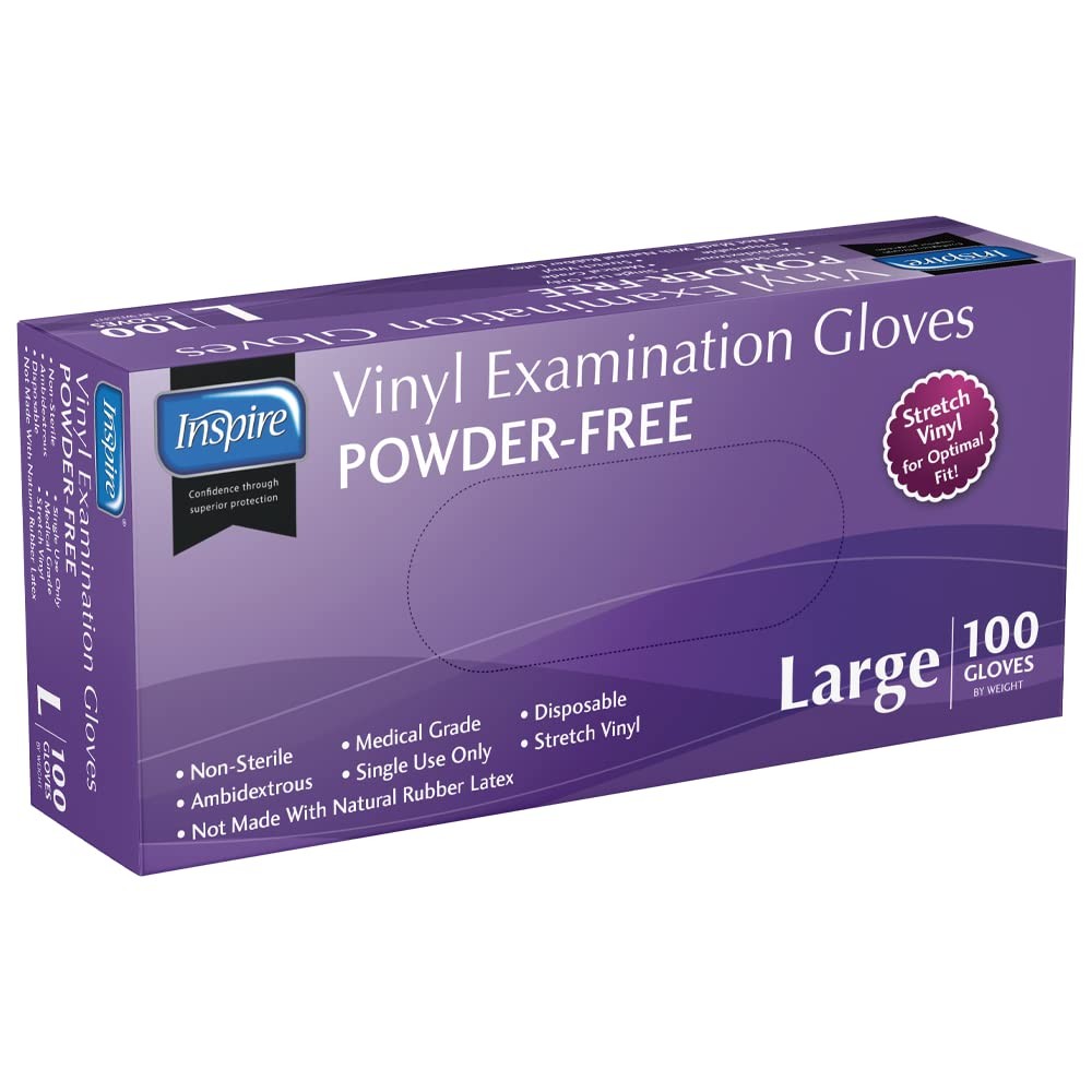Inspire Medical Exam Gloves | Powder Free Stretch Vinyl Glove | Large, White