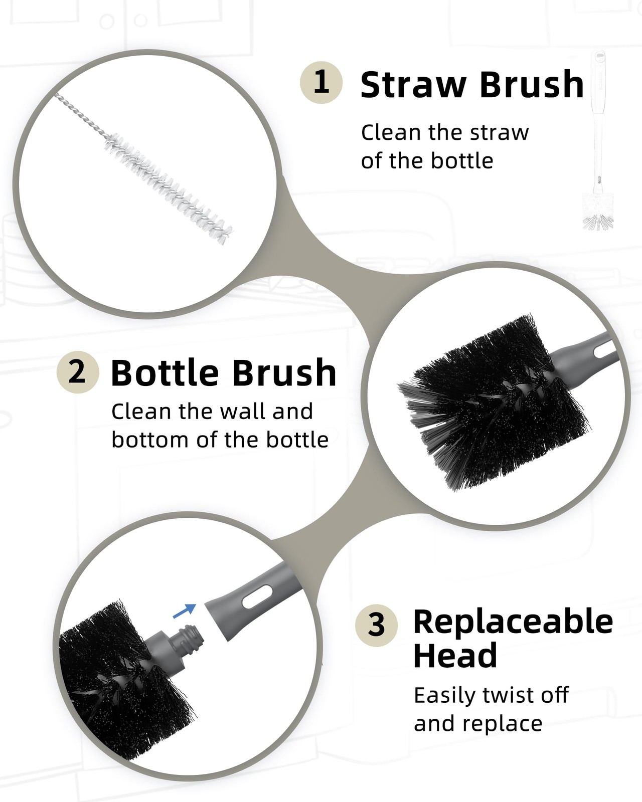 2 in 1 Long Handle Bottle Brush with Straw Brush for Cleaning Glass, Sports B…