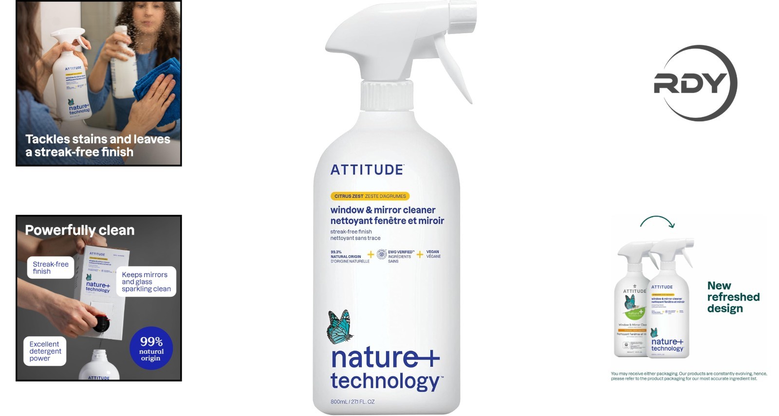 Plant-Based Streak-Free Window Cleaner – Eco-Friendly & Citrus Scent, 27.1 Fl Oz