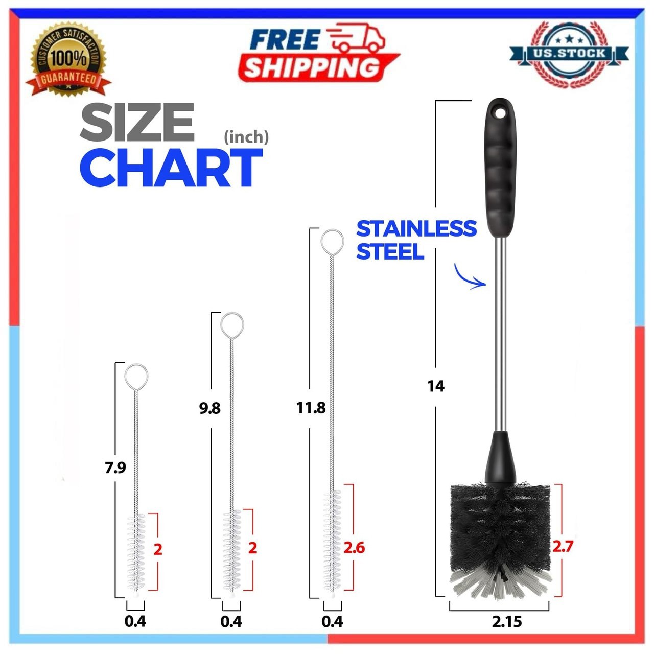14 Inch Stainless Steel Bottle Brush Set with 3 Straw Cleaners