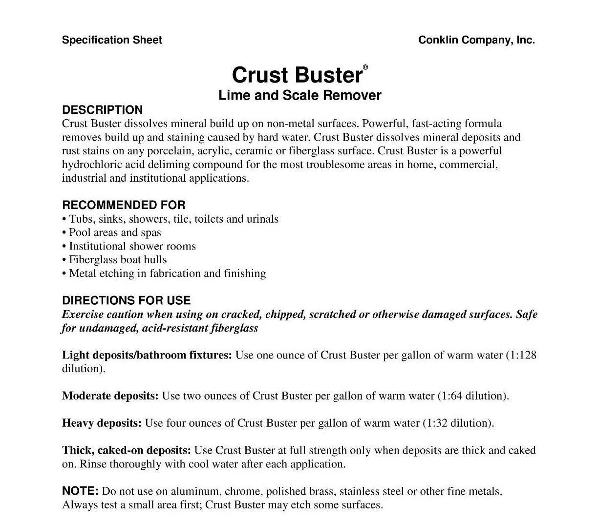 Crust Buster® Lime & Scale Remover, Conklin Cleaner, mineral deposit remover