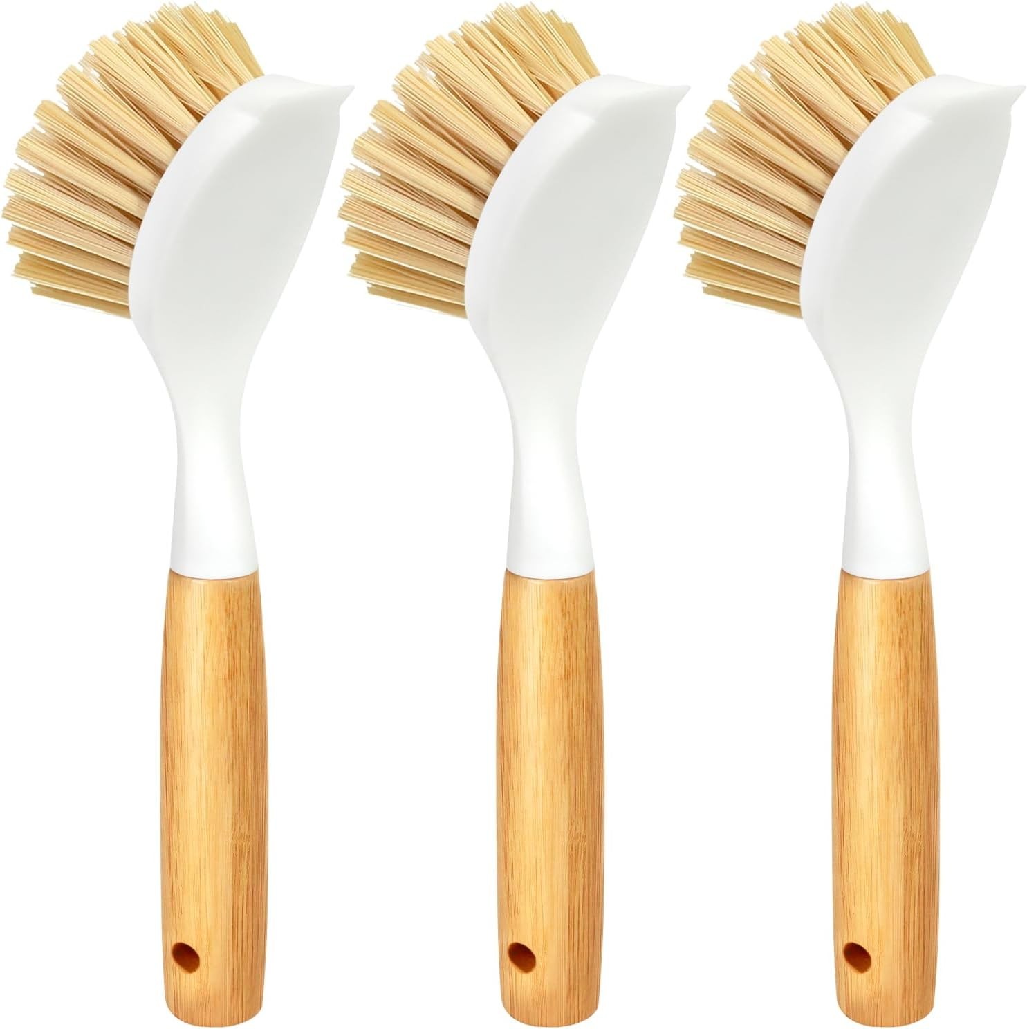 3 Pack Dish Brush Set with Bamboo Handle, Kitchen Brushes for Cleaning Pot, Sink