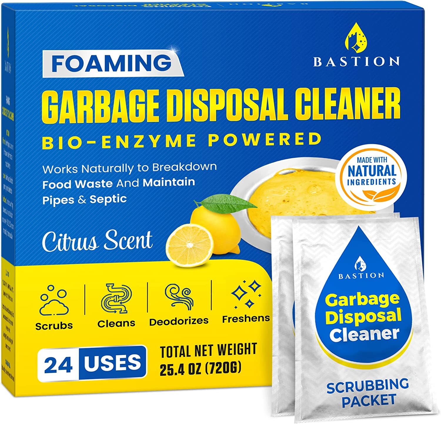 Bastion Foaming Garbage Disposal Cleaner & Deodorizer – 24-Count. Lemon Scented