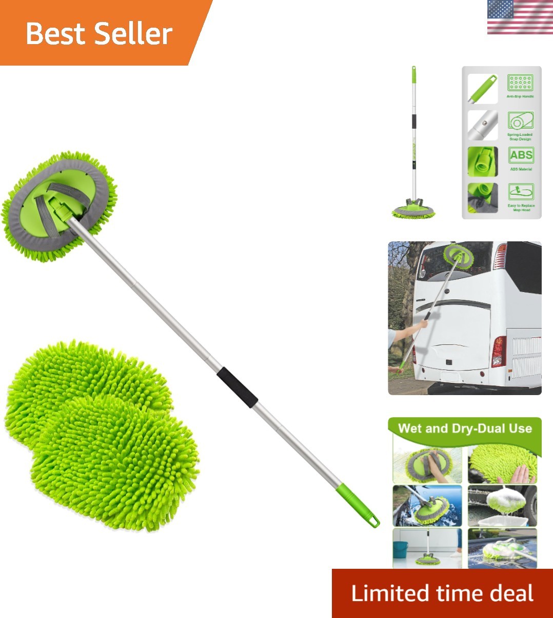62″ Microfiber Car Wash Brush Mop Kit Mitt Sponge with Long Handle Car Cleani…