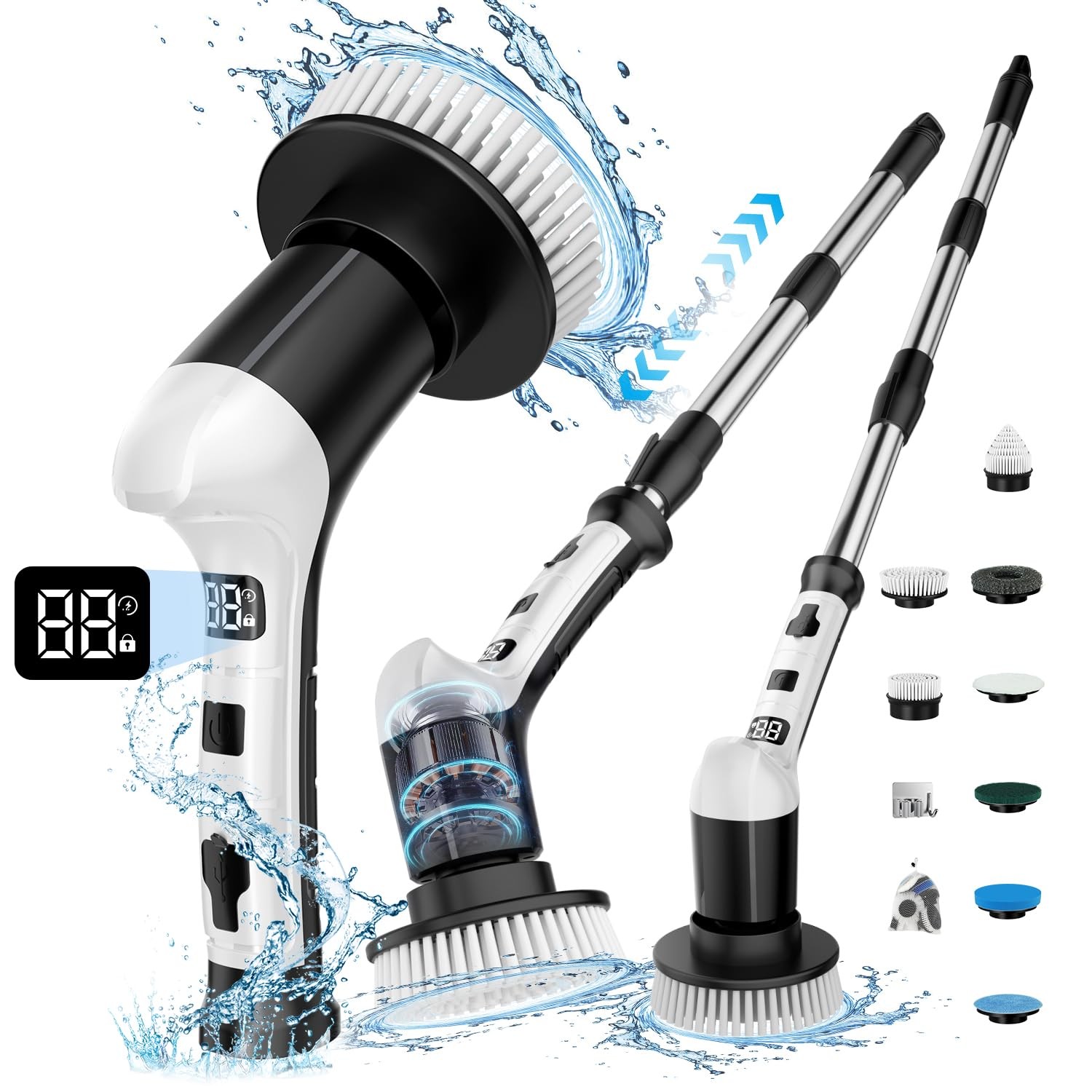 Spin Scrubber with 3 Speed, Adjustable Extension Handle, 8 Brush Heads,Cordle…