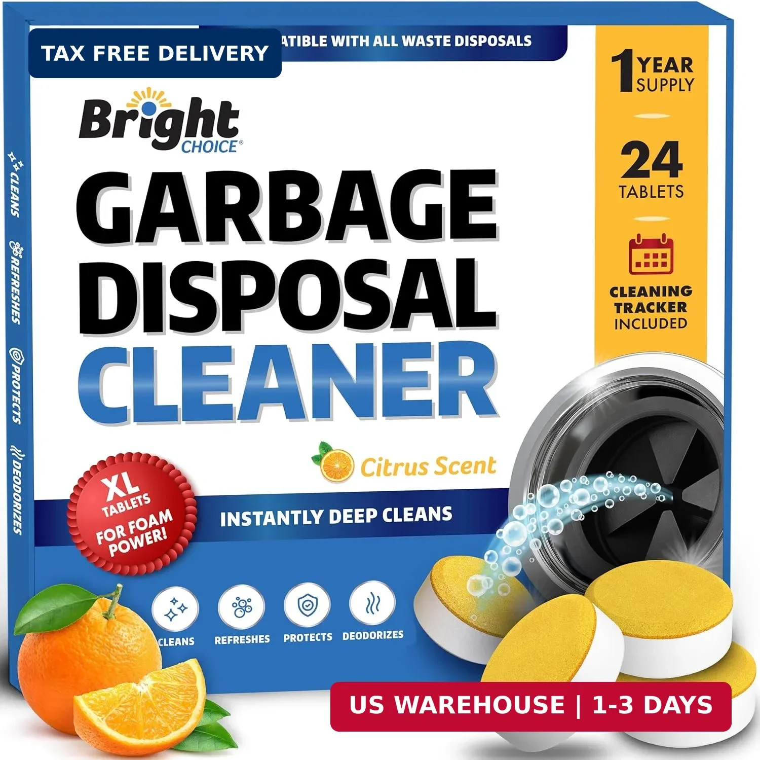 Garbage Disposal Cleaner and Deodorizer Tablets – 24 Pack, XL Citrus Foaming Tab