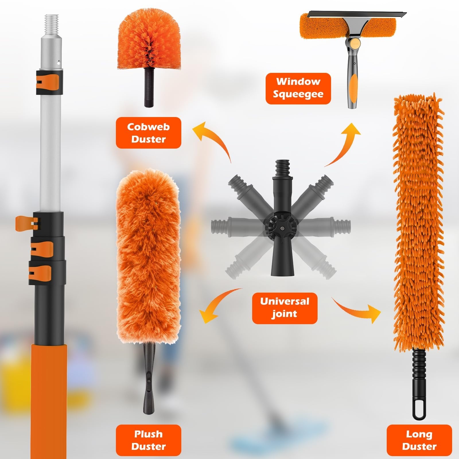 16FT High Ceiling Duster Kit – Adjustable Pole, Extra Long Duster, Cobweb & Sque