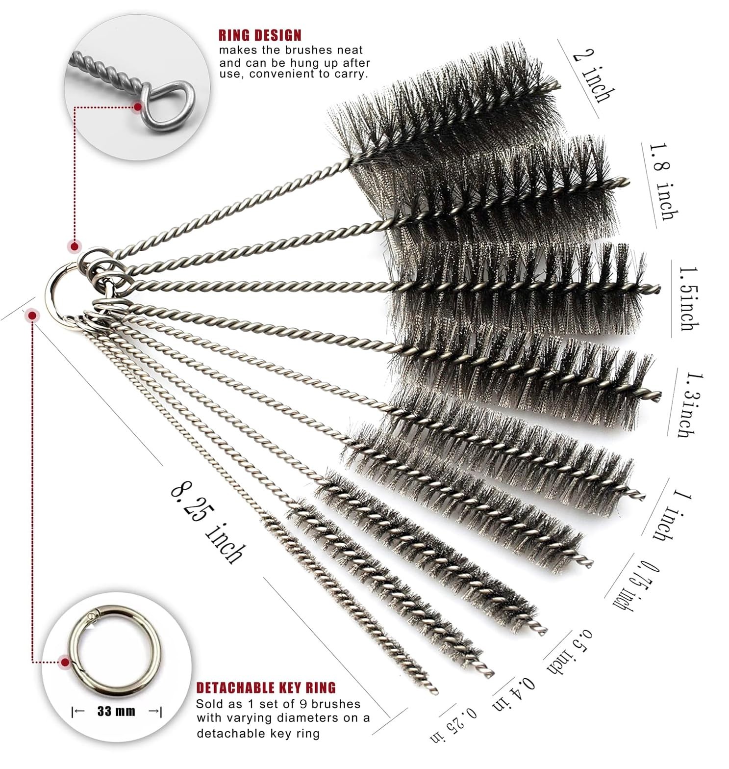 Pipe Cleaning Brush Set Stainless Steel Bristles Stainless Steel Pipe Brush Stee