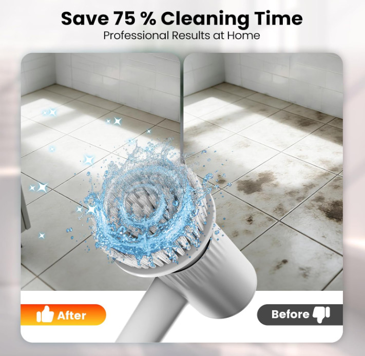 Cepillo Eléctrico para Baño con Mango Largo, 6 Cepillos para Azulejos y Suelos