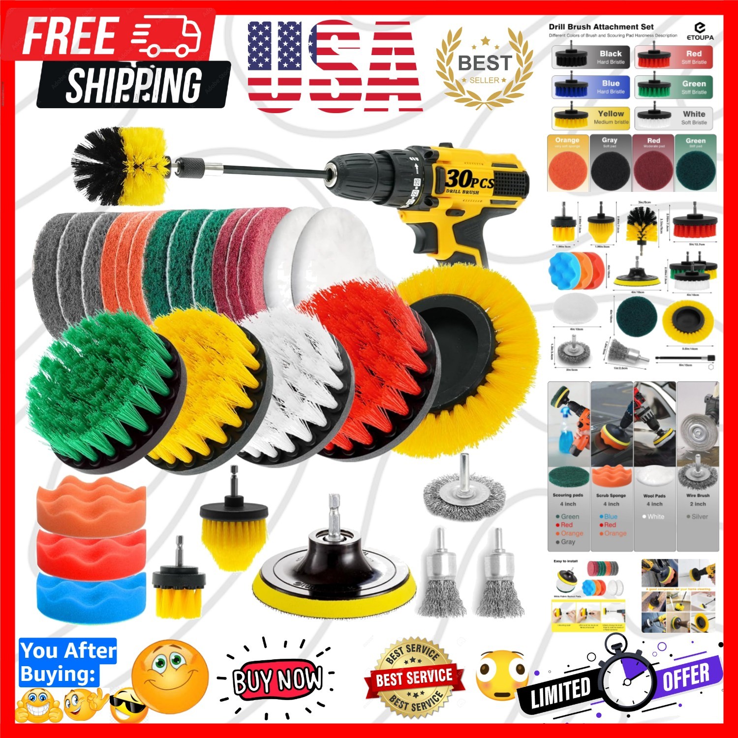 Versatile 30-Piece Drill Brush Set for Bathroom, Car, Tile & More Cleaning Tasks
