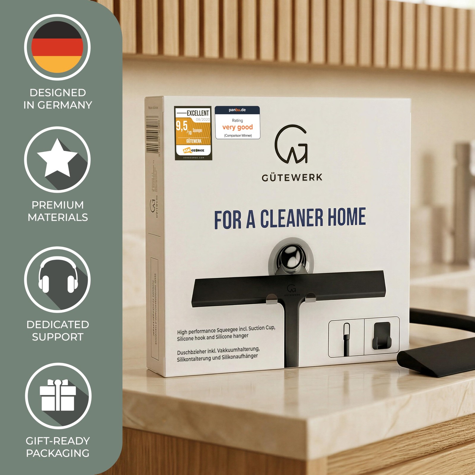 GÜTEWERK Silicone Shower Squeegee for Glass Doors & Mirrors with Stainless St…