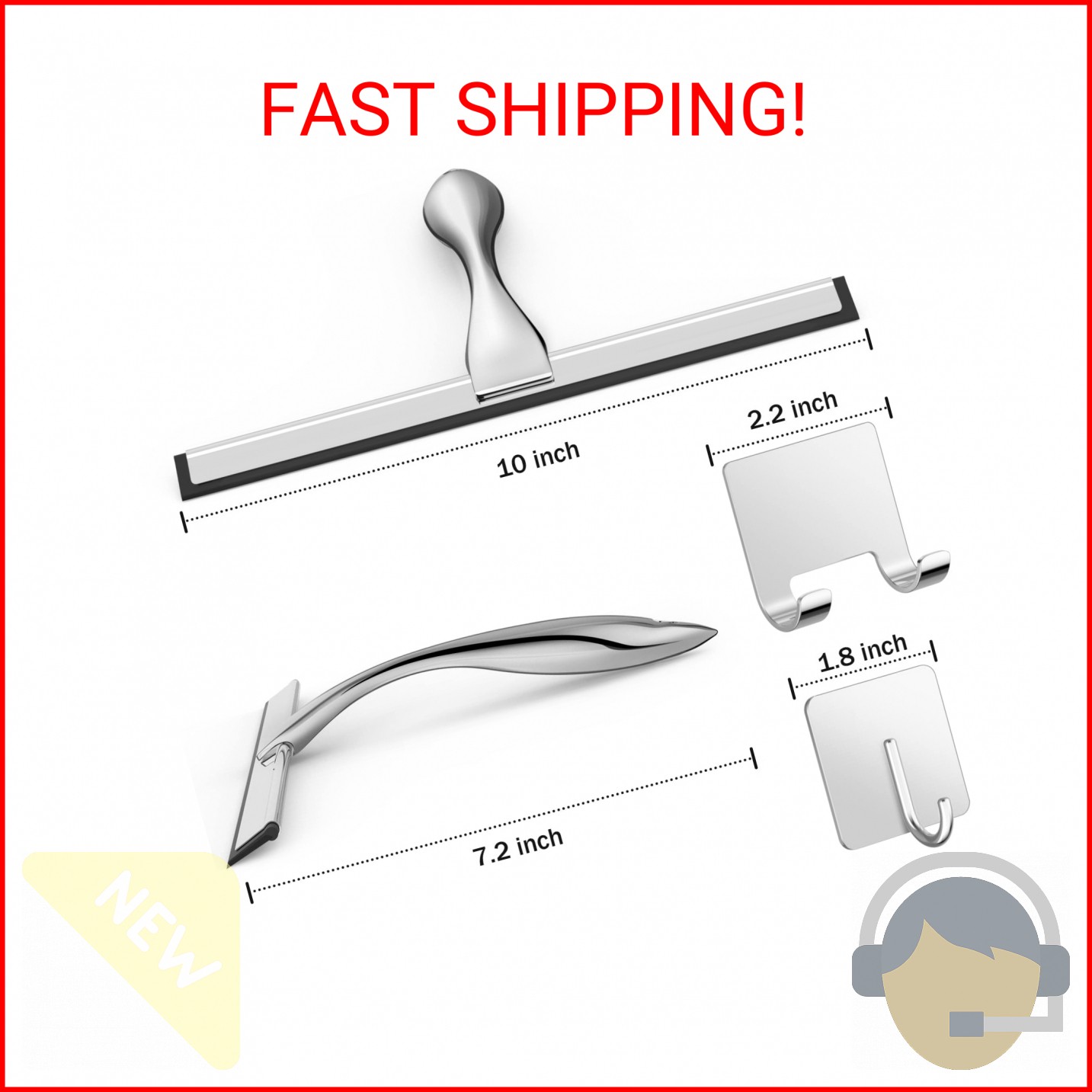 All-Purpose Stainless Steel Shower Squeegee for Shower Glass Door with 2 Adhesiv