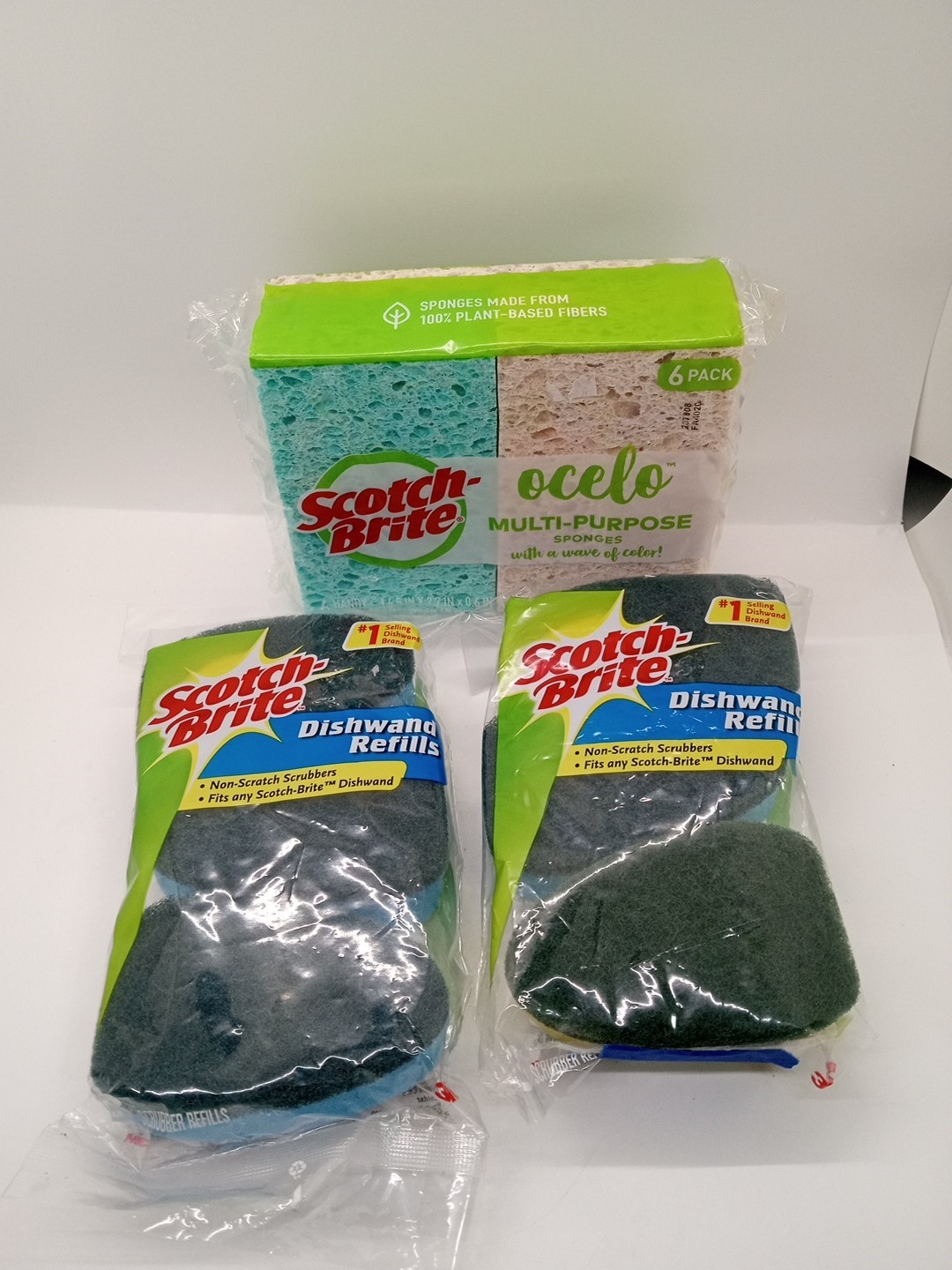 Lot of 2 Packs of 3 Scotch-Brite Dishwand Refills 3M + 6 Pack ocelo Sponges
