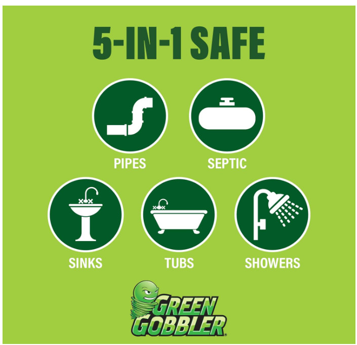 Green Gobbler Drain Clog Remover 5-in-1 Hair Dissolver Shower Sink Septic Safe