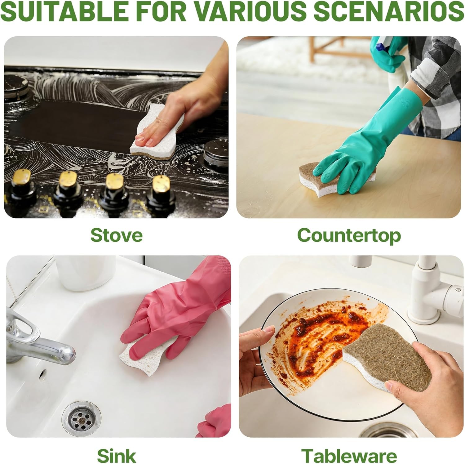 12 Pack Natural Cellulose Sponges for Dishes – Non-Scratch Kitchen Scrub Sponges