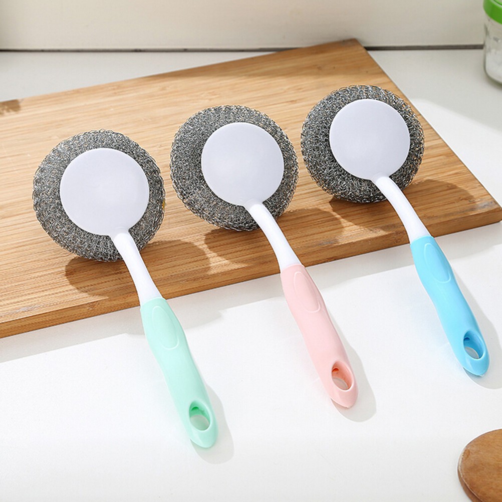 3Pcs Practical Kitchen Pot Scrubber Steel Ball Brush Reusable Hanging Handle