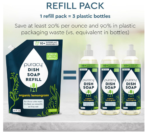 Puracy Natural Dish Soap Refill – Skin-Softening Plant-Based Liquid Dishwashing