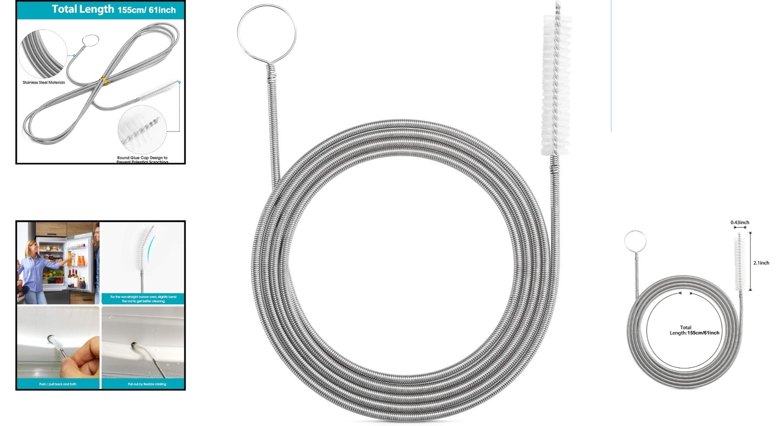 Flexible 61-Inch Drain Brush with Stainless Steel Handle for Efficient Cleaning