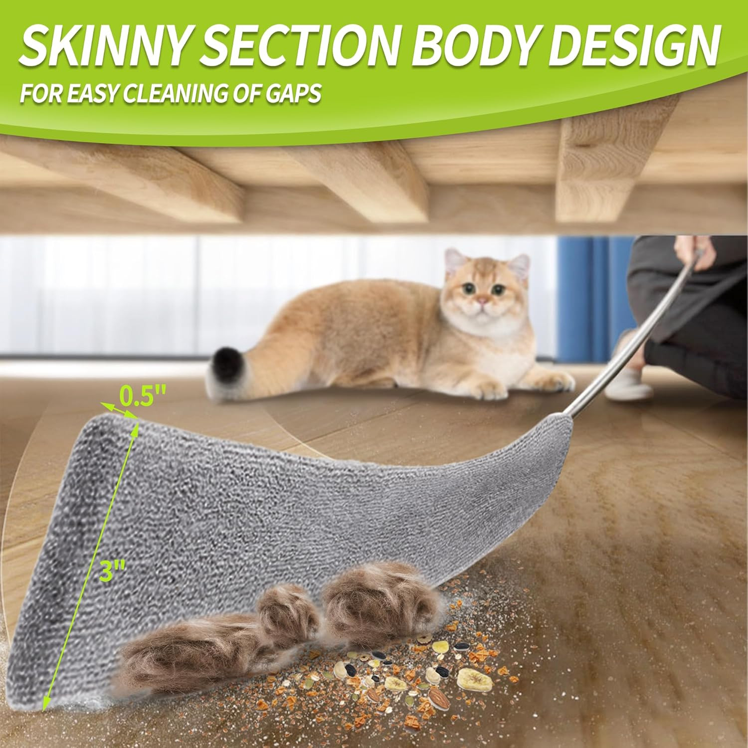 Retractable Flat Duster under Appliance Cleaning Tool with 3 Dusting Cloths