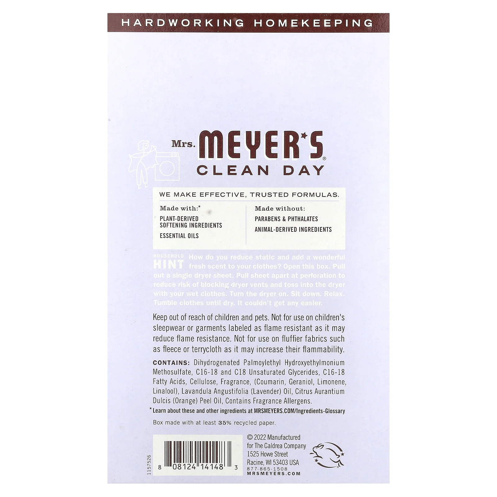 Mrs Meyers Clean Day Dryer Sheets Lavender Scent 80 Sheets Cruelty-Free, Not