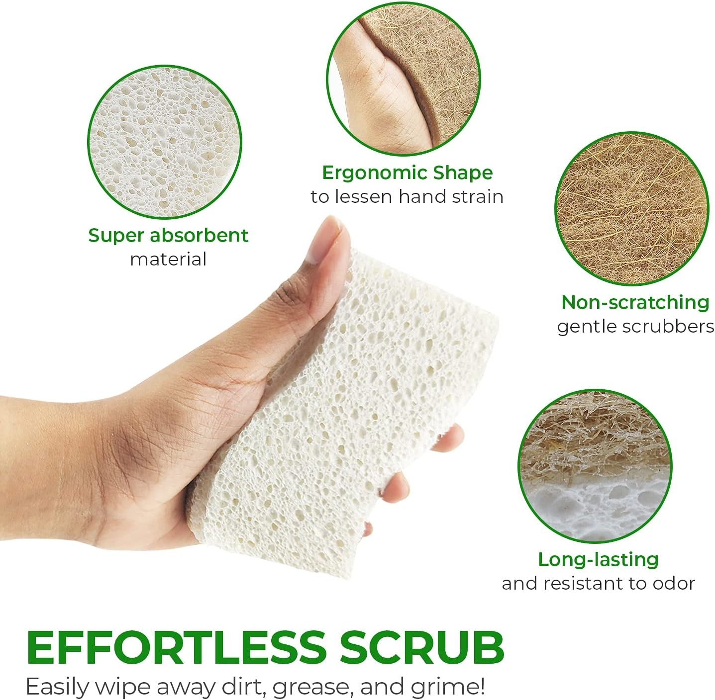 Natural Kitchen Sponges (6 Pack) – Biodegradable Cellulose & Coconut Scrubber