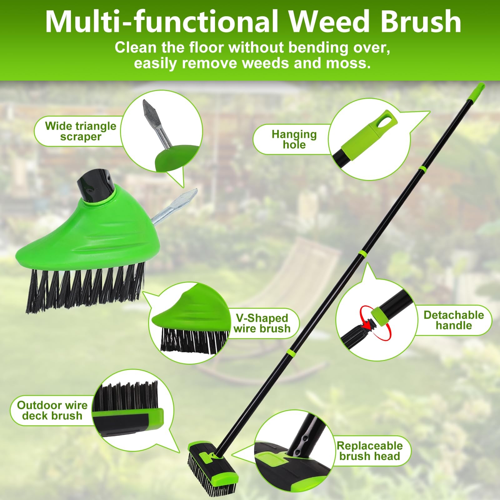 3in1 Crack Weeder Tool & Floor Scrubber Brush for Driveway, Patio, and Deck