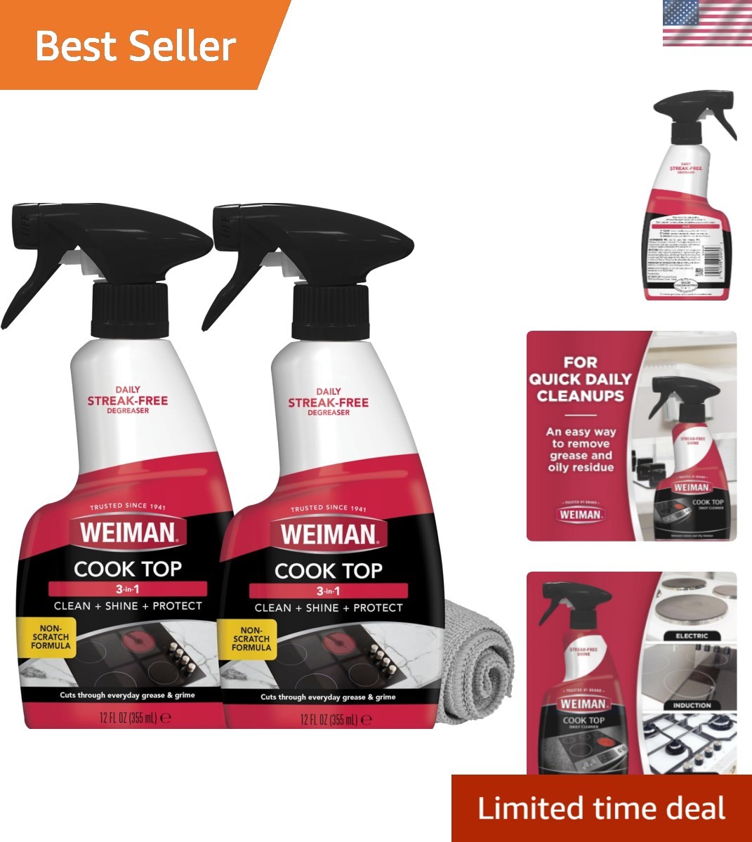 Cooktop Cleaner Spray Microfiber Cloth Kit Streak Free Ceramic Glass Safe Deg…