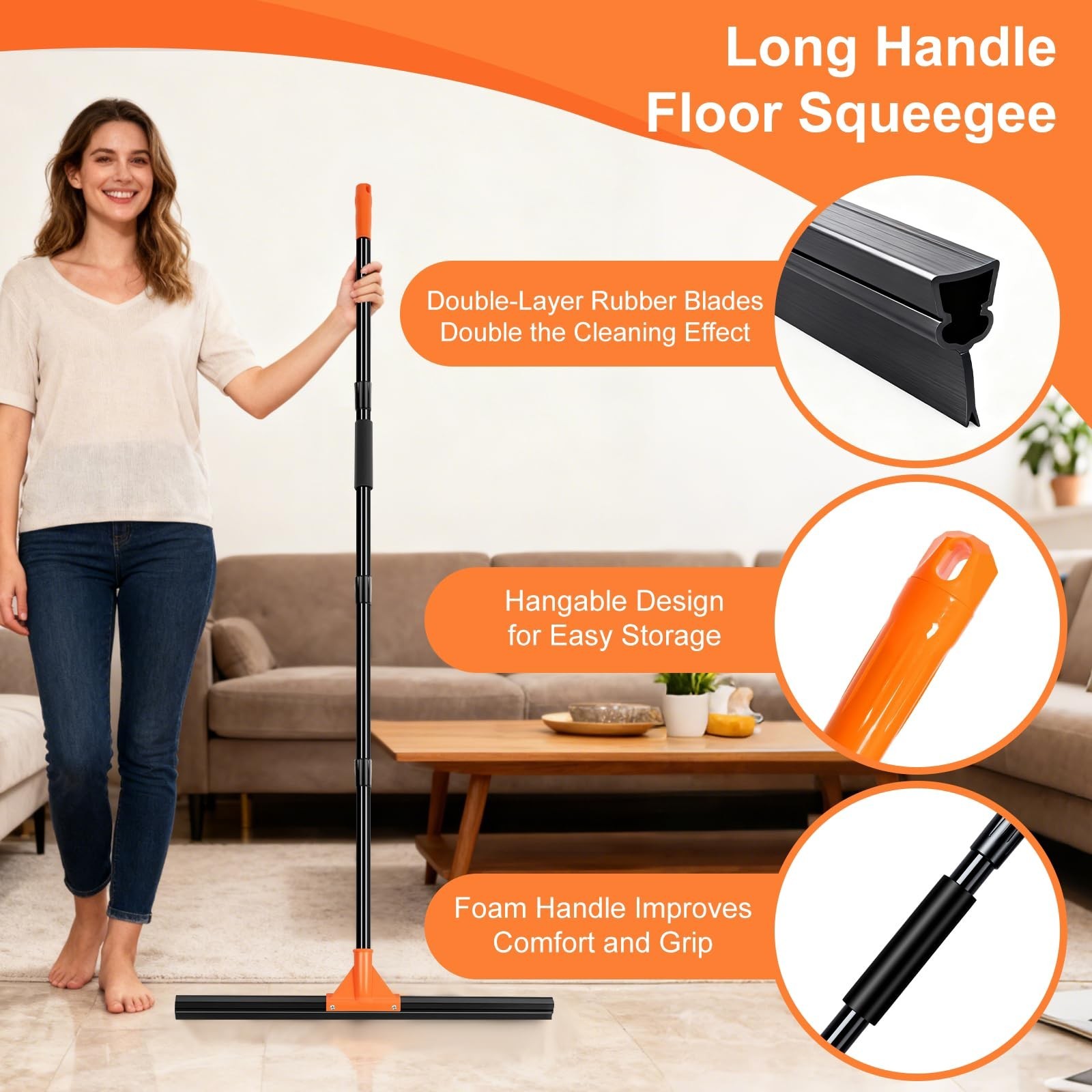 Heavy Duty 18″ Floor Squeegee with Long Handle – Rubber Wiper for Concrete, Tile