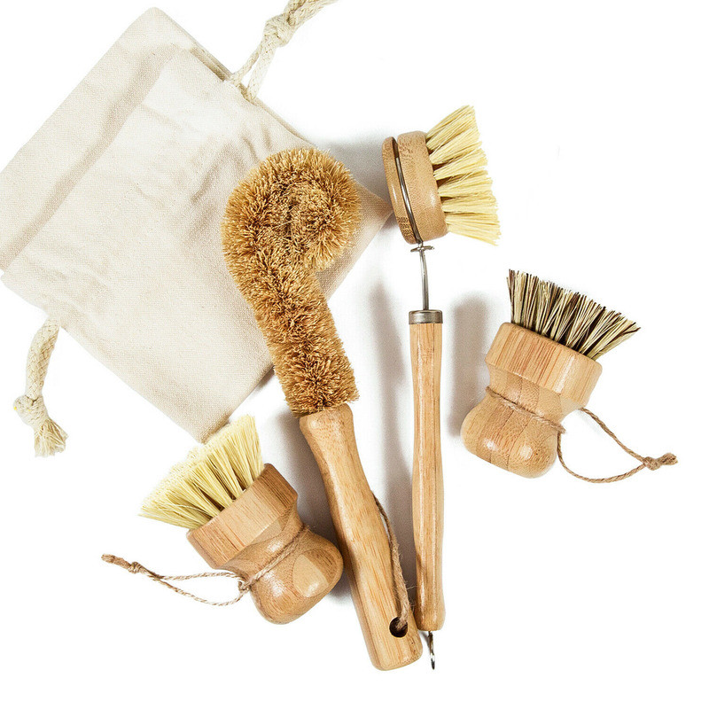 Kitchen Dish Scrub Eco-friendly Cleaning Bamboo Dish Handle Brush Set of 4