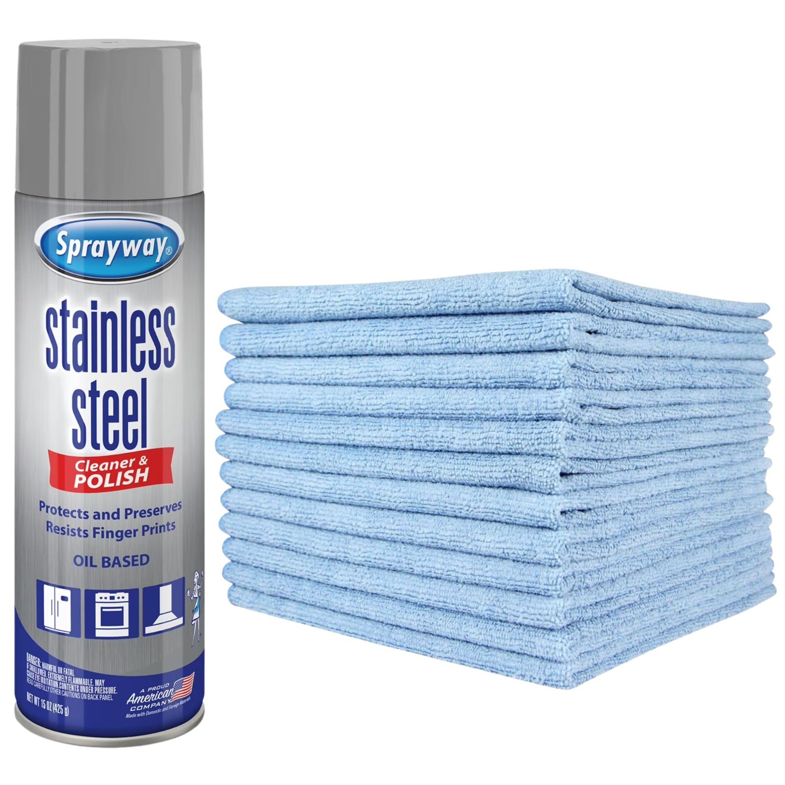 Sprayway Stainless Steel Cleaner & Polisher With 12×12 Microfiber Cloths – Blue