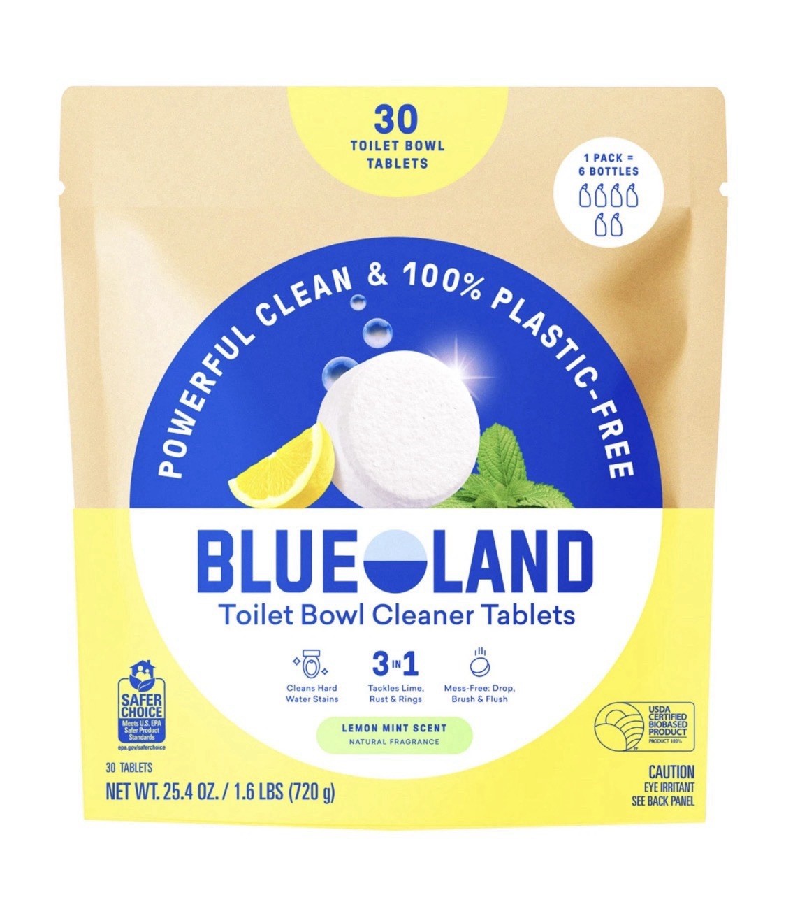 NEW Blueland 3 In 1 Toilet Bowl Cleaner Tablets, Lemon Mint, 30-count