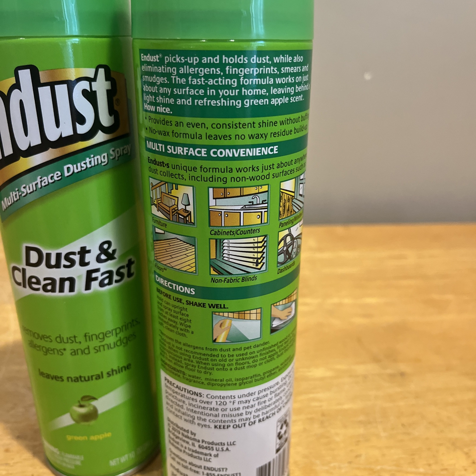 2pk~ Endust DUST & CLEAN FAST Furniture Polish 10 oz. Green Apple Scent 507040-1