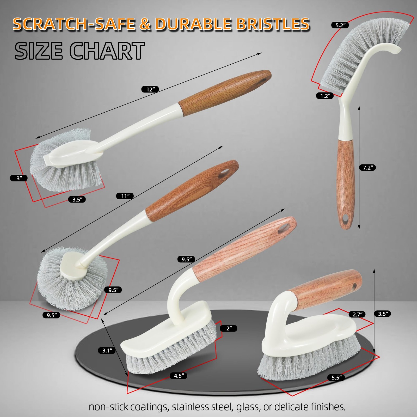 5-Pack Heavy Duty Scrub Brushes Set with Wooden Handles, Multi-Surface Scrubb…