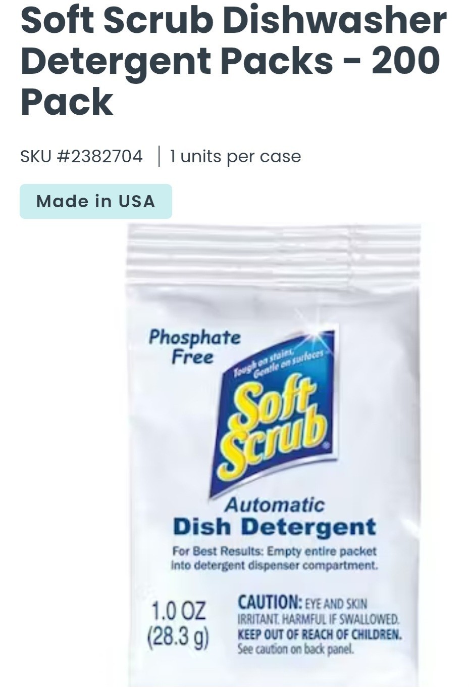 Soft Scrub 10006 1 oz. Automatic Dish Detergent Packet – (200/CT) New