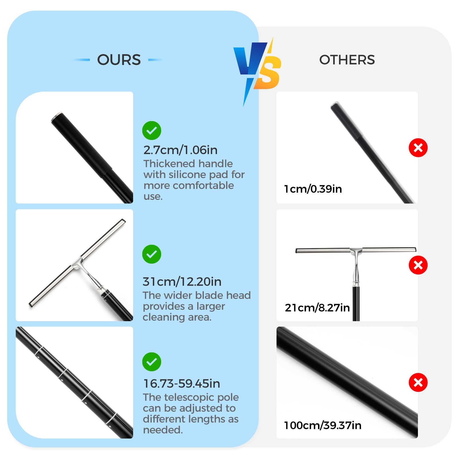 16.7“- 59.5″ Long Handle Window Squeegee with Extension Pole, 12.4″ Wide Meta…