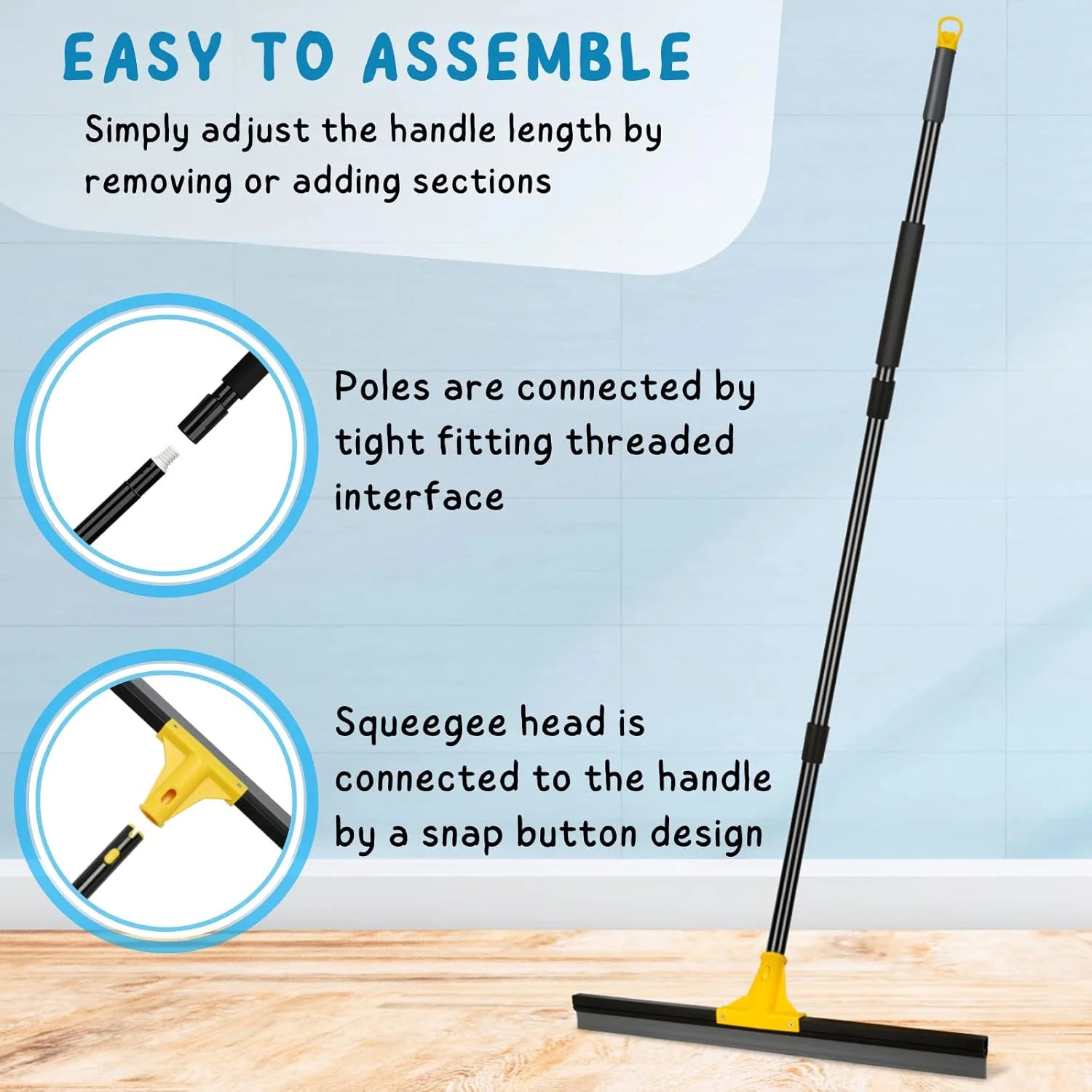 Floor Squeegee for Concrete and Tile Cleaning, 24” Rubber Wiper Broom, Large He