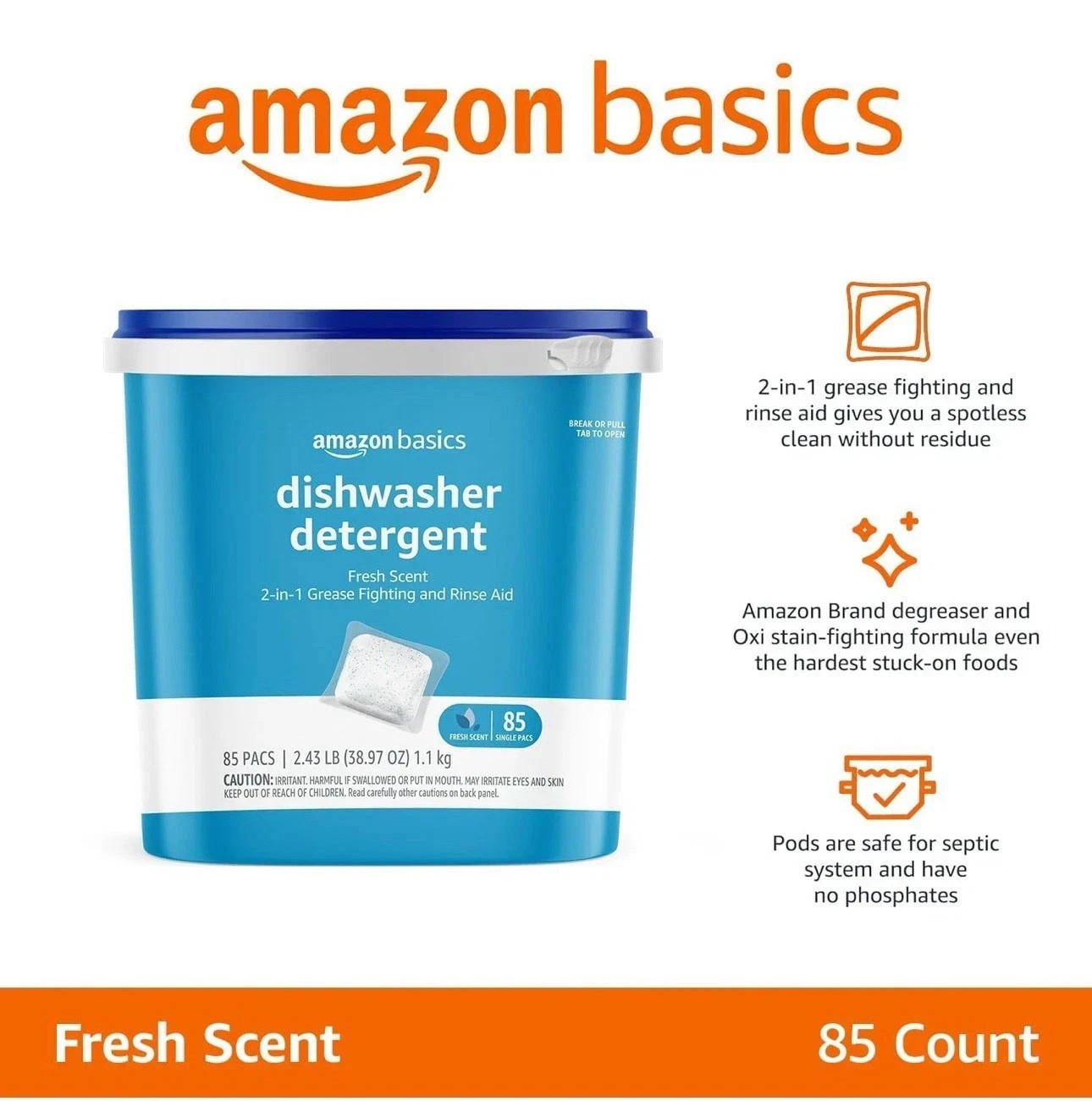 Lot 6 New Dishwasher Detergent PODS Pacs FRESH SCENT (510 TOTAL) Amazon Basics