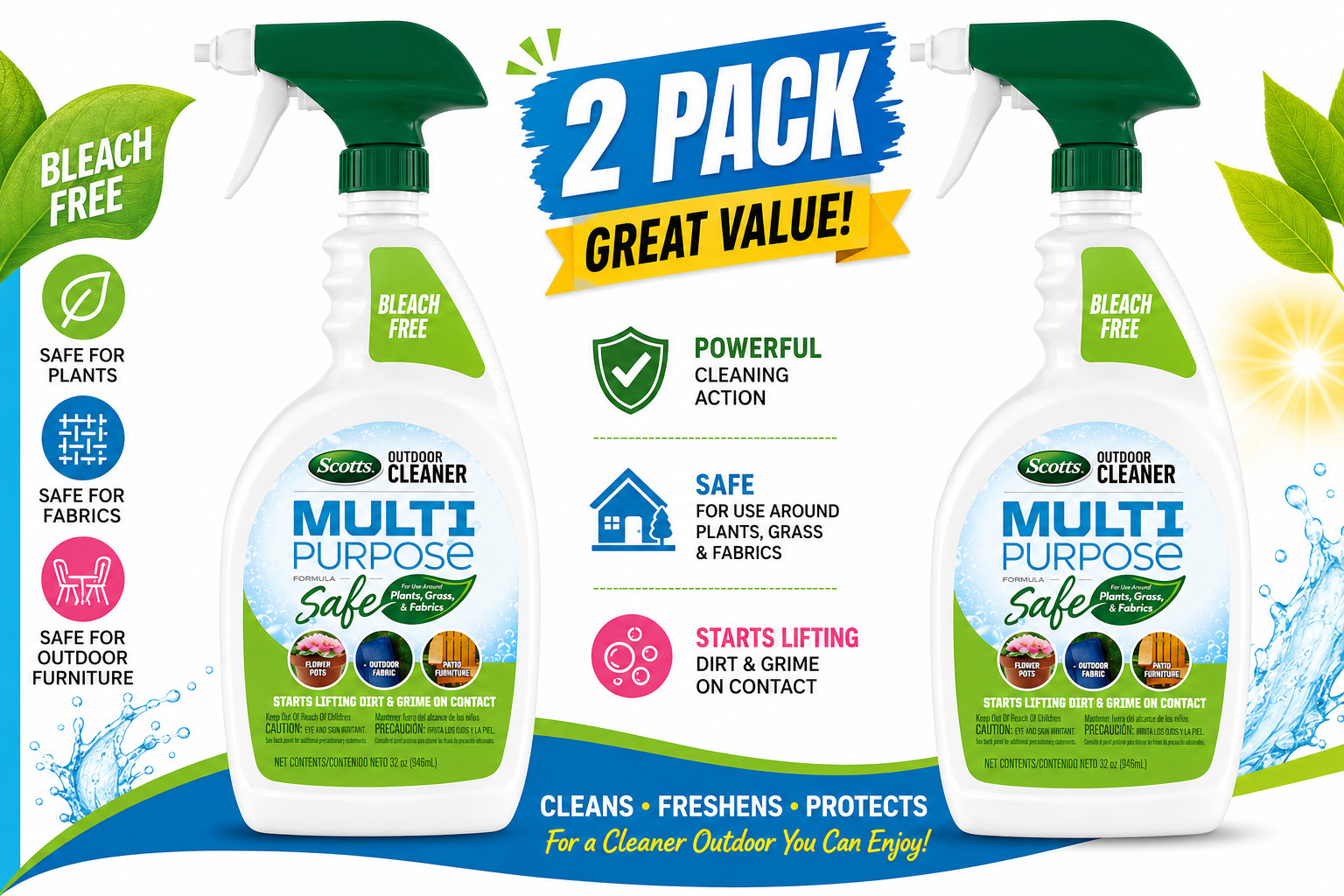 Scotts Outdoor Cleaner Multi Purpose Bleach Free Spray 32 oz Ready to Use 2 Pack