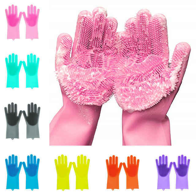 1 Pair Magic Dish Washing Gloves Silicone Scrubbing Glove Cleaning Scrubber Pink