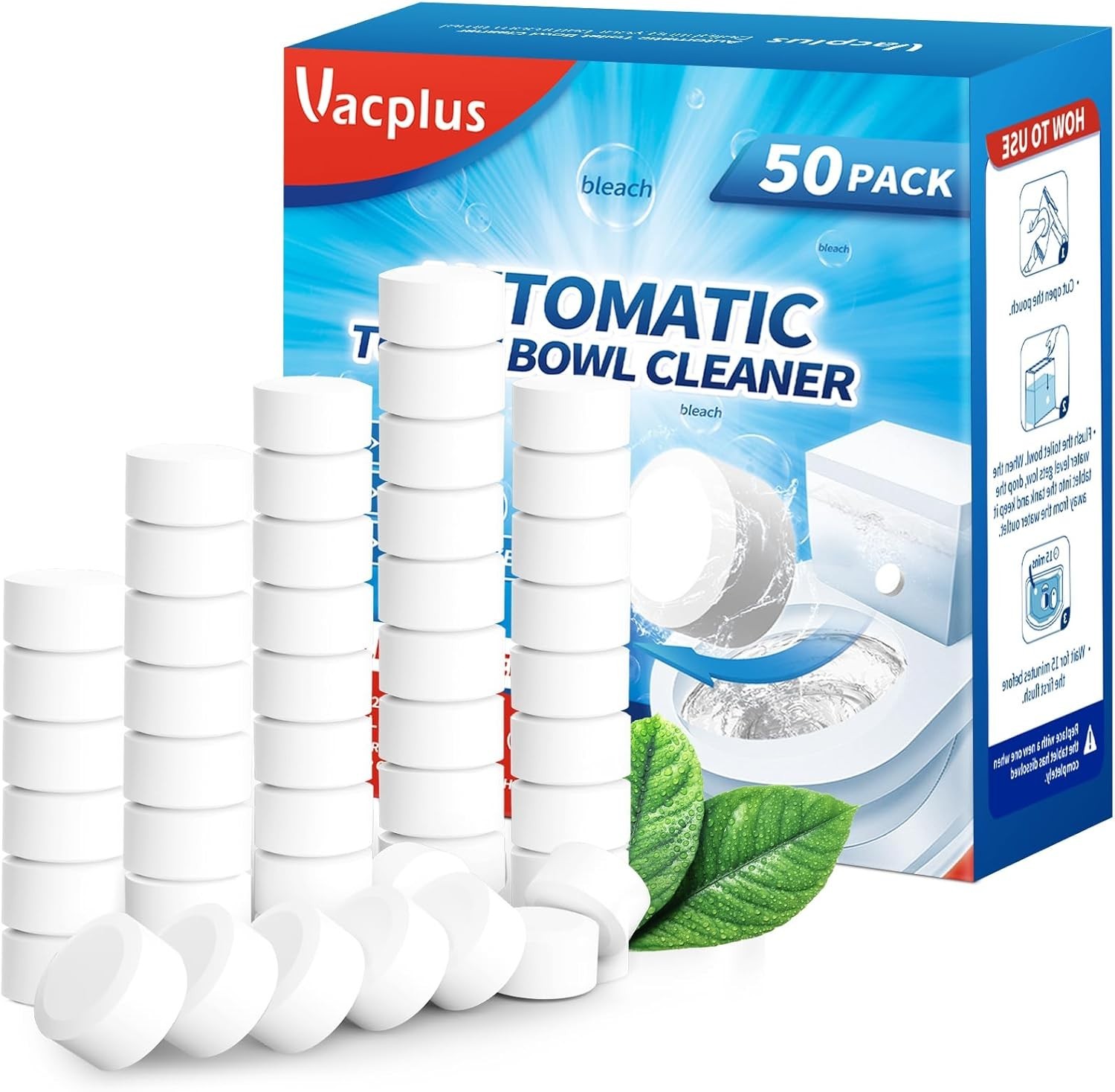 Bleach Scent Toilet Bowl Cleaner Tablets – Automatic 50 Pack for Odor Control