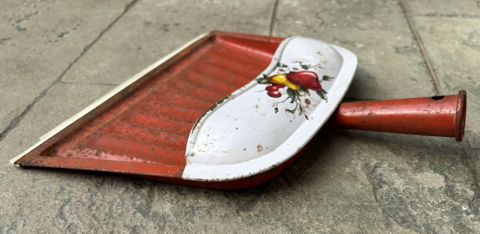 Vtg Red Metal Dustpan Floral w/ Fruit – Apple, Pear, Cherries – Very Worn, Rusty