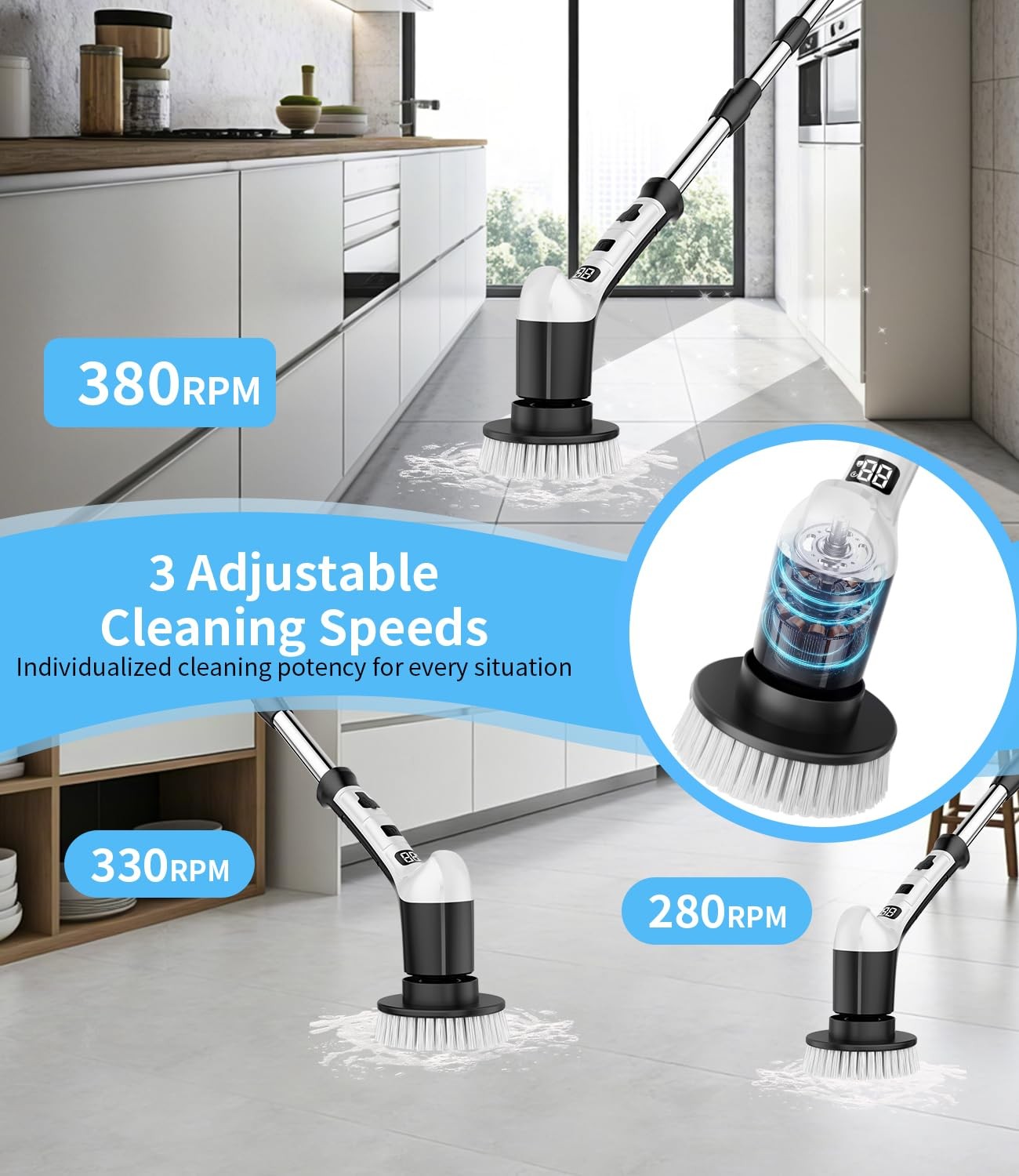 Spin Scrubber with 3 Speed, Adjustable Extension Handle, 8 Brush Heads,Cordle…