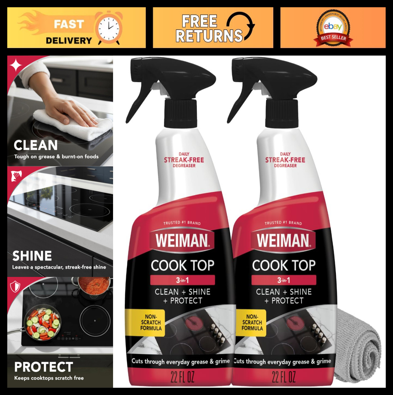 2-Pack Cooktop Cleaning Spray & Microfiber Cloth – Non-Abrasive Oven Cleaner, St