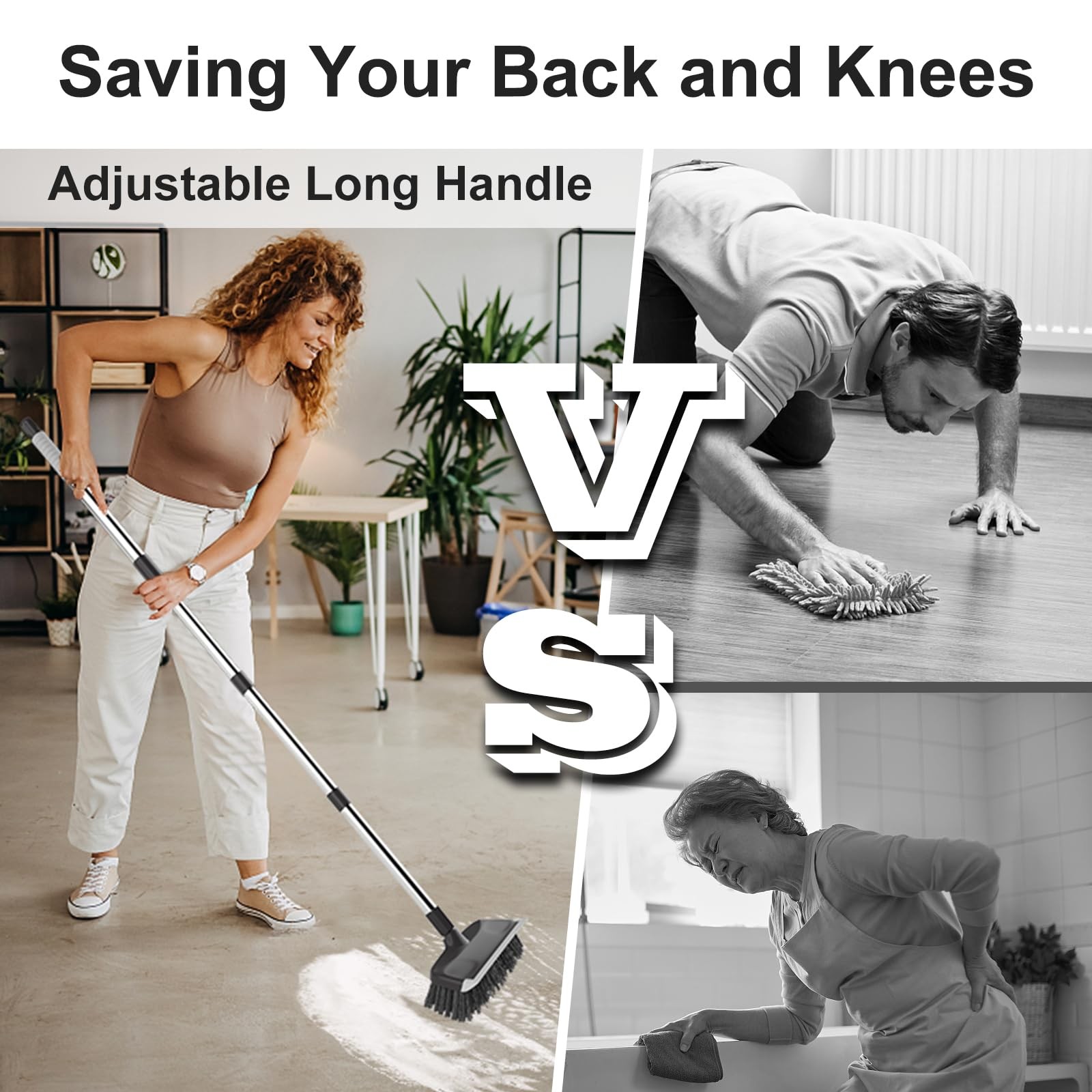 Heavy Duty Floor Scrub Brush with Long Handle, Adjustable Stainless Steel Han…
