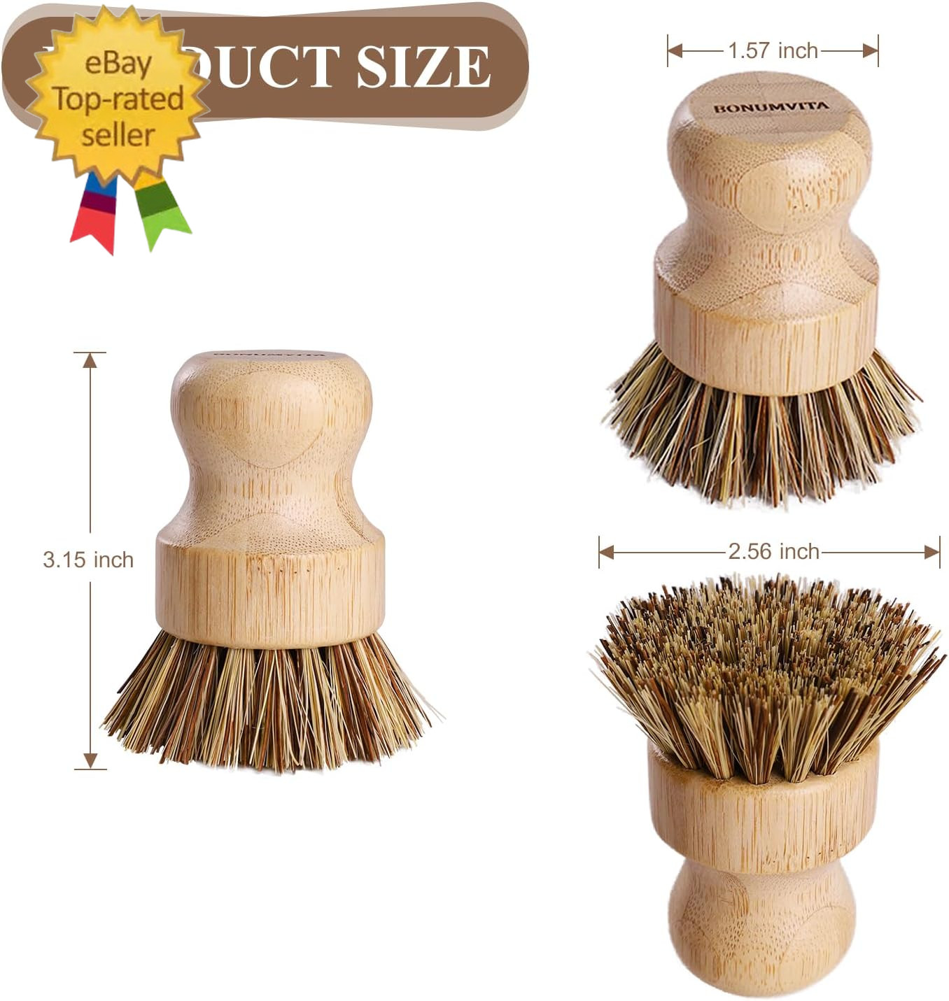 Bamboo Dish Brush Set,4 Pack Kitchen Palm Pot Brush with Union Fiber, Natural