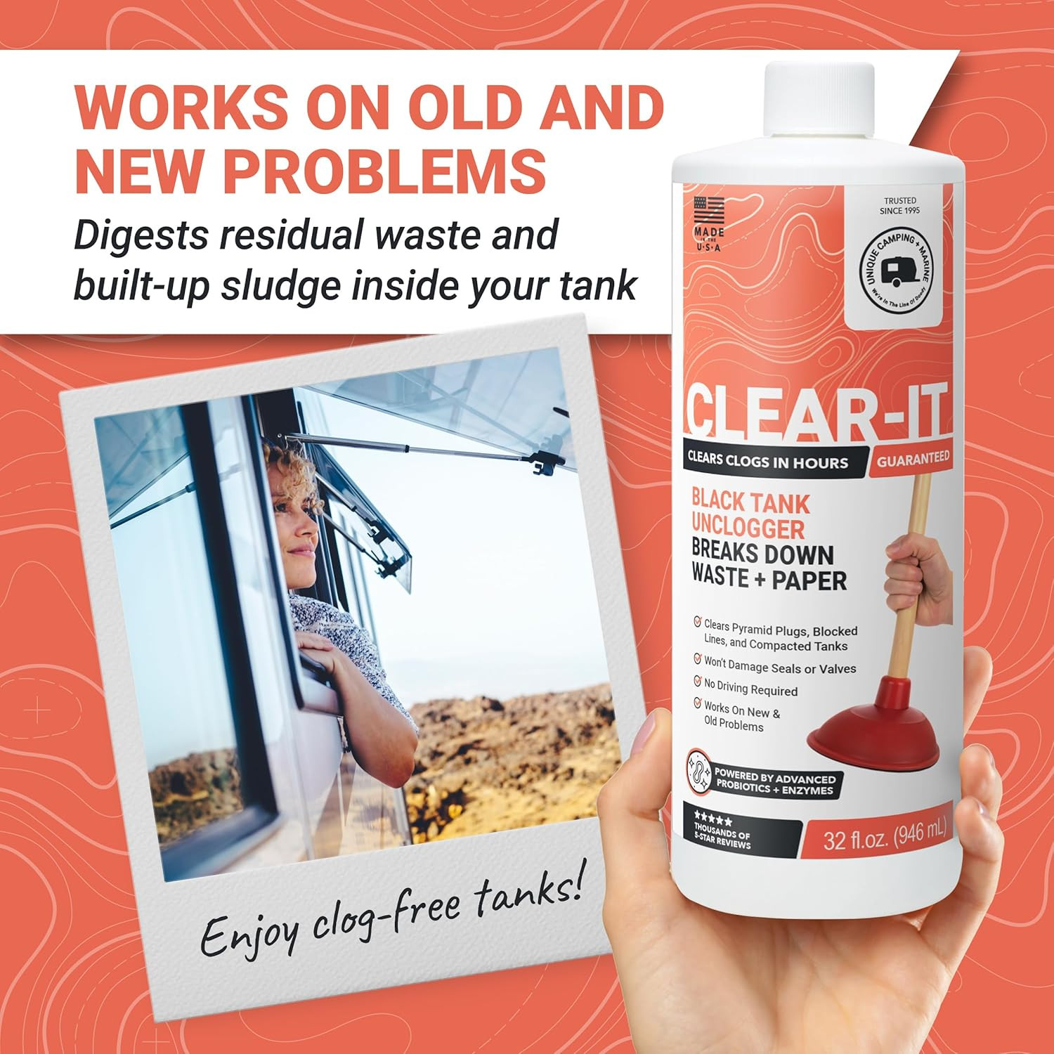 Clear-It RV Black Tank Unclogger Liquid – Breaks through Pyramid Plugs, Compacte