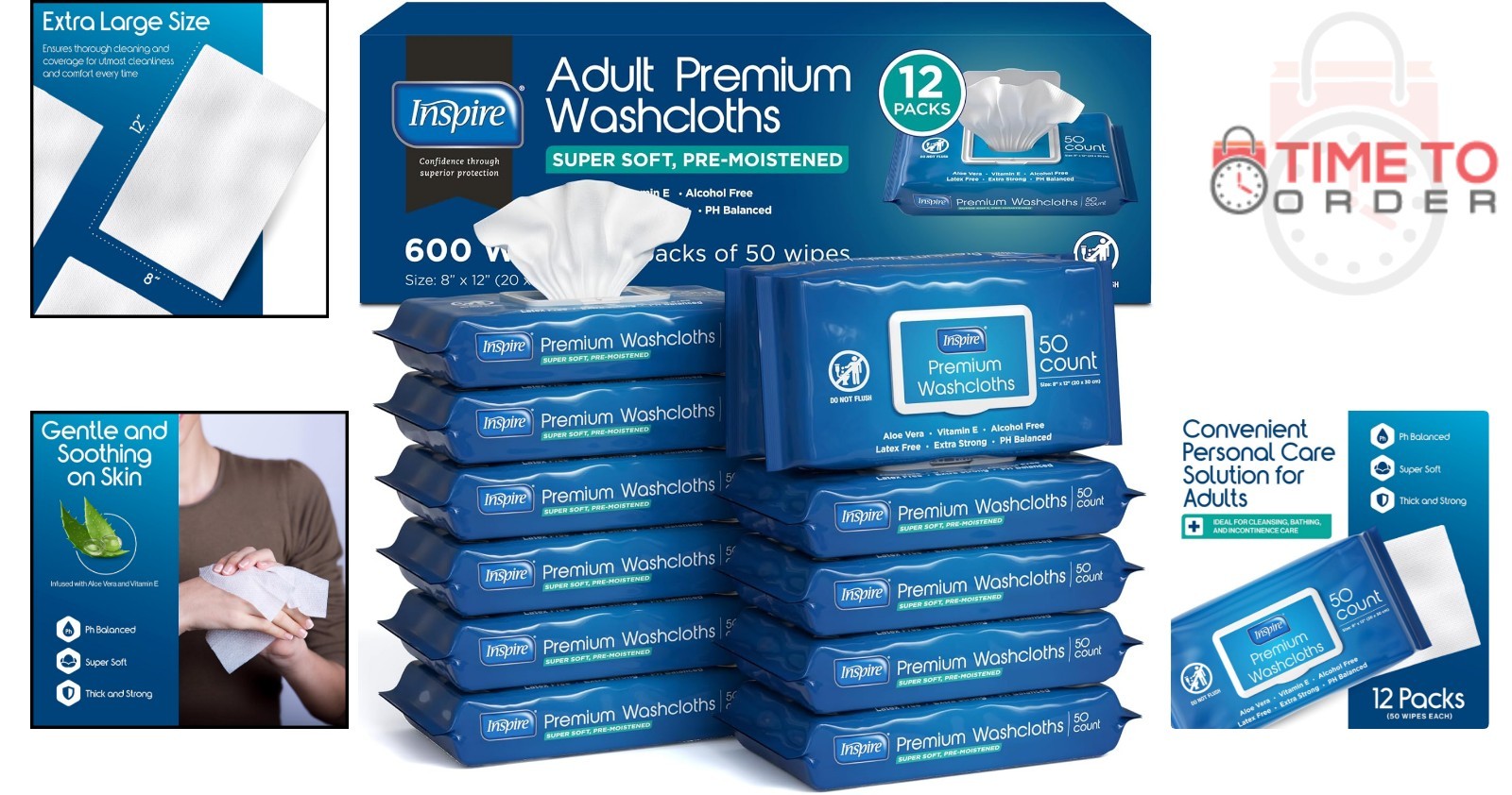 Adult Wet Wipes Wash Cloths 8x12in Hypoallergenic Aloe Vera 600 Count