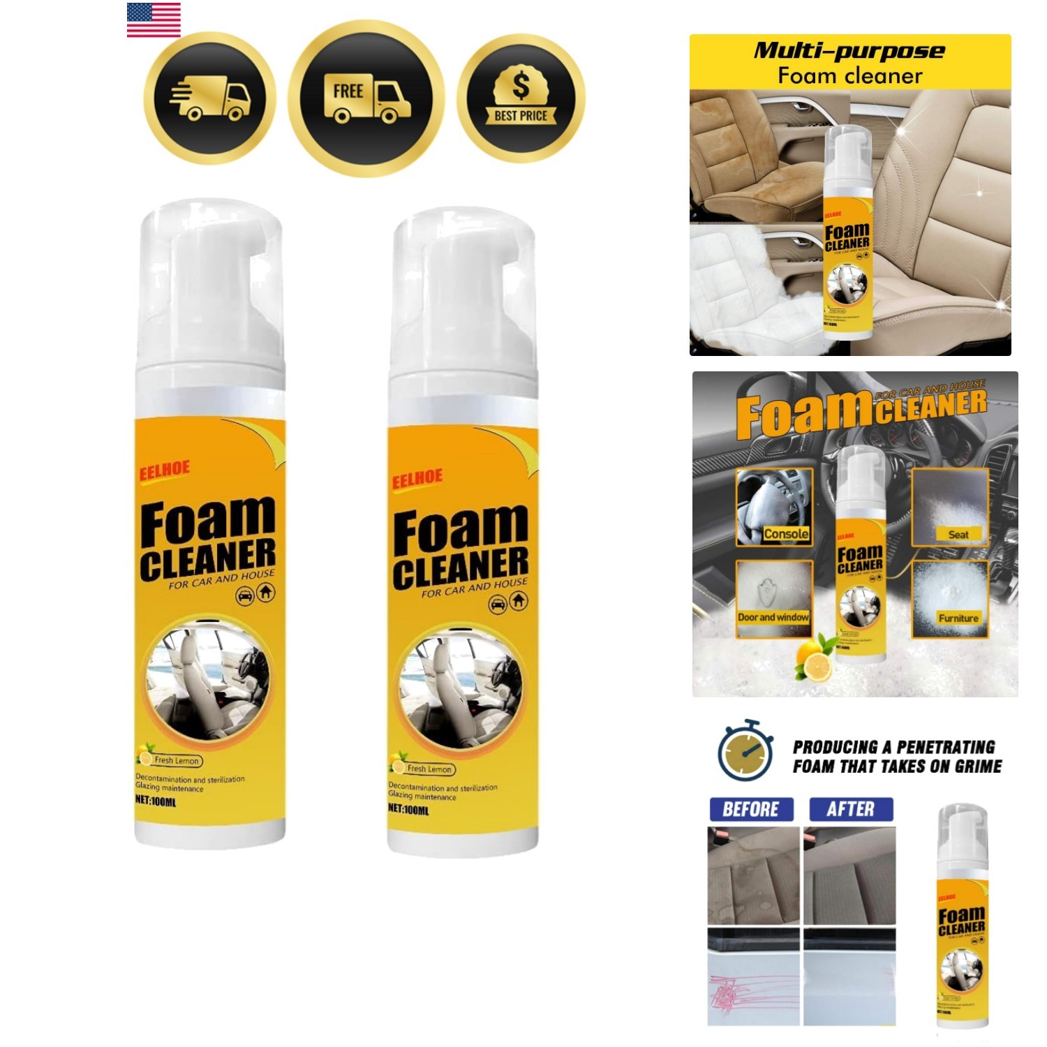 Foam Cleaner Spray Lemon Scent All Purpose Household Car Kitchen 2pcs