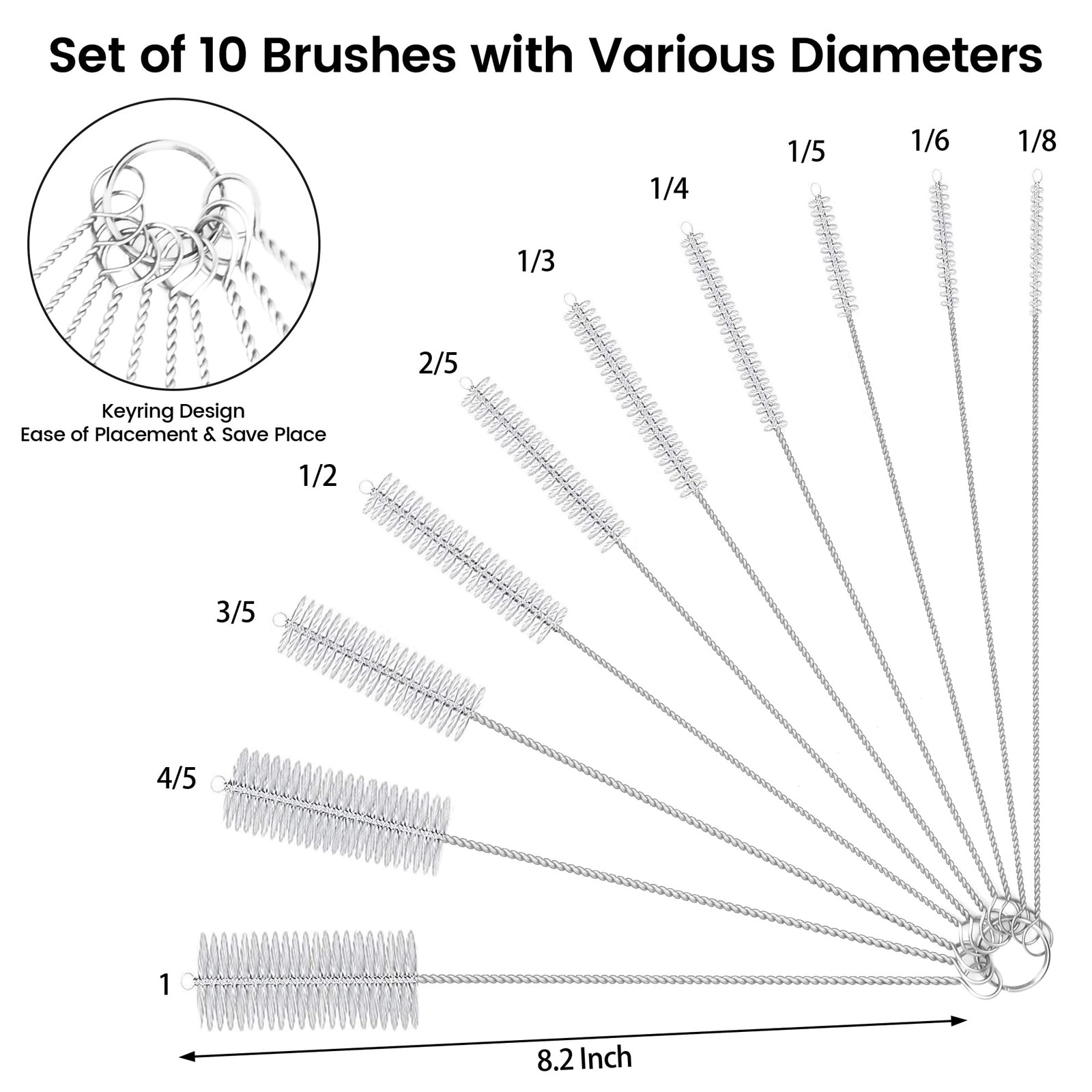10 Pack Reusable Straw Cleaner Brushes, Assorted Sizes with Extra Long Stainl…