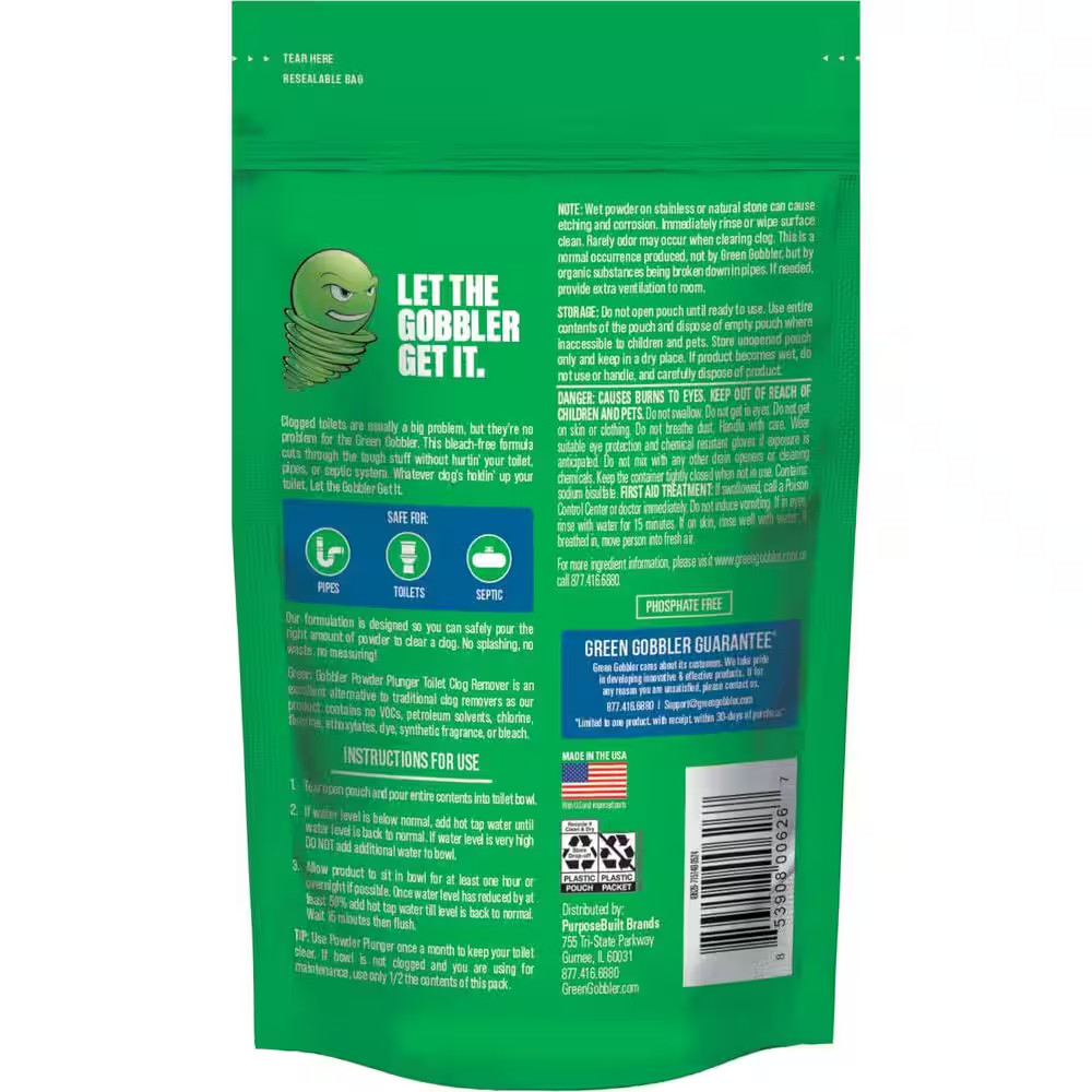 Green Gobbler Powder Plunger Toilet Clog Remover 16.5 oz. For Easy Unclogging